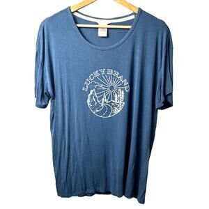 Lucky Brand Blue Graphic T-Shirt Medium Soft Rayon Blend Casual Boho Desert Road